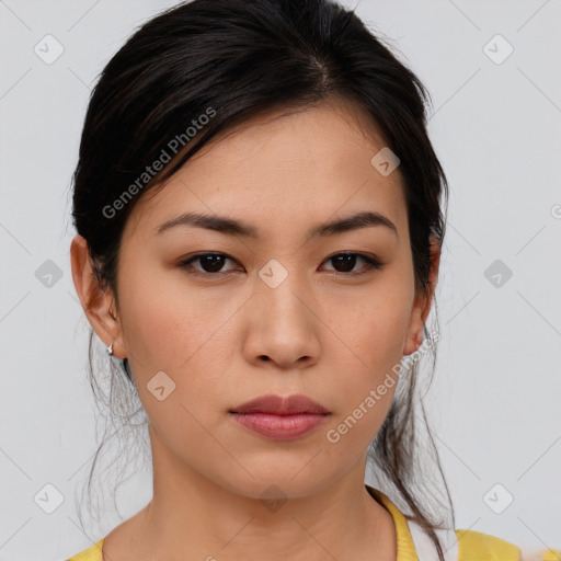 Neutral asian young-adult female with medium  brown hair and brown eyes