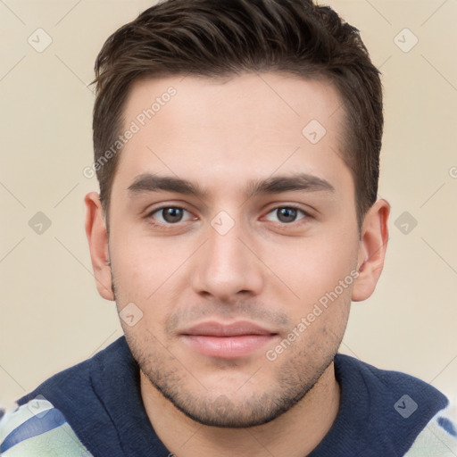 Neutral white young-adult male with short  brown hair and brown eyes