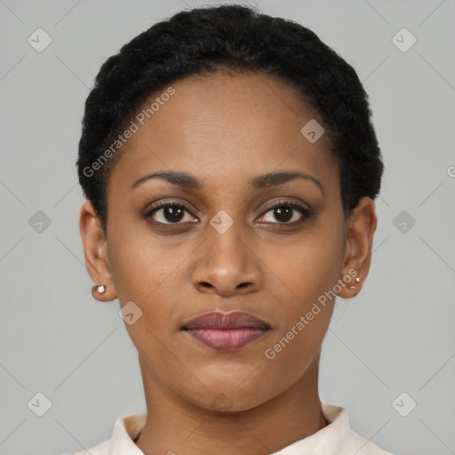 Joyful latino young-adult female with short  black hair and brown eyes