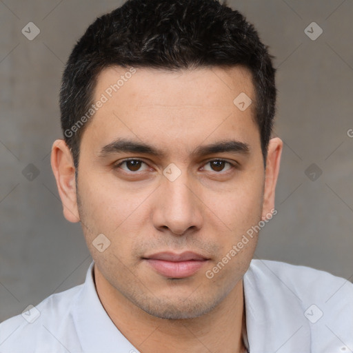 Neutral white young-adult male with short  brown hair and brown eyes