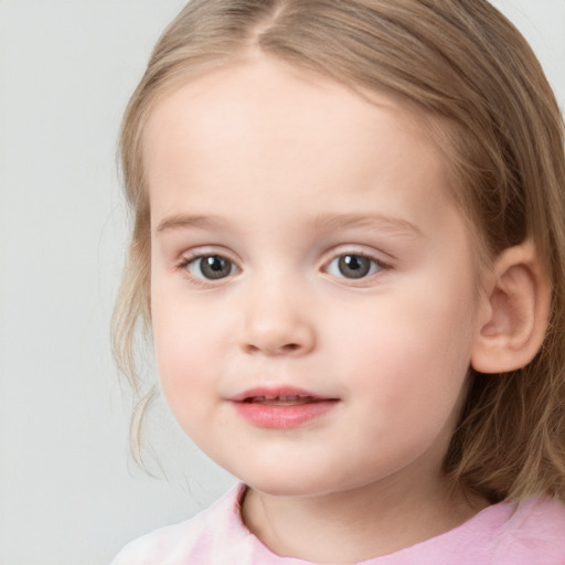 Joyful white child female with medium  brown hair and blue eyes