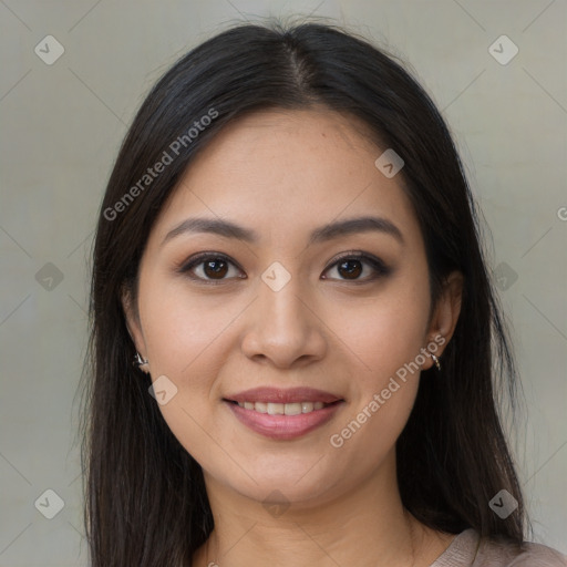 Joyful white young-adult female with long  brown hair and brown eyes