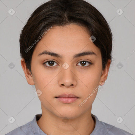 Neutral white young-adult female with short  brown hair and brown eyes