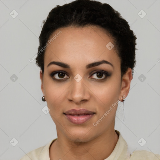 Joyful latino young-adult female with short  black hair and brown eyes