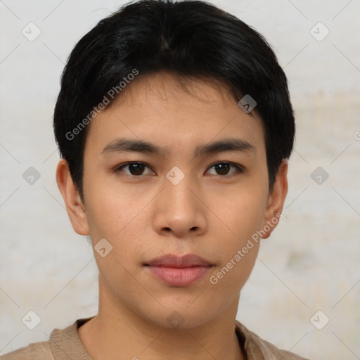 Neutral asian young-adult male with short  black hair and brown eyes