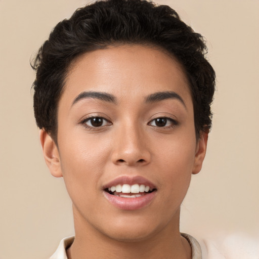 Joyful white young-adult female with short  brown hair and brown eyes