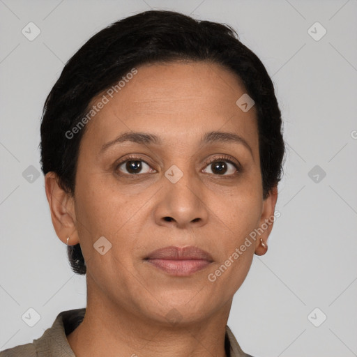 Joyful white adult female with short  brown hair and brown eyes