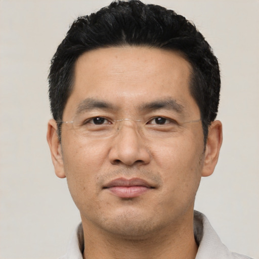 Neutral asian adult male with short  black hair and brown eyes