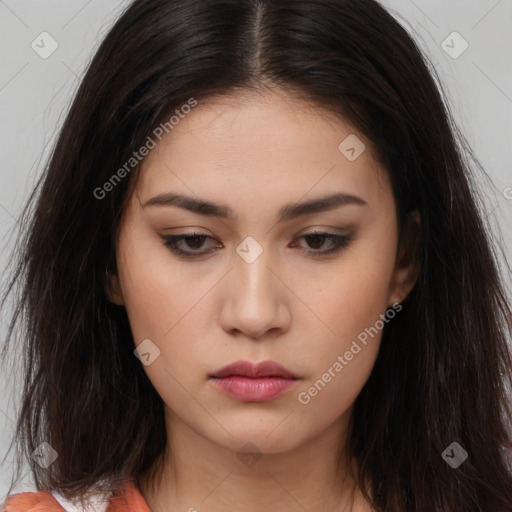 Neutral white young-adult female with long  brown hair and brown eyes