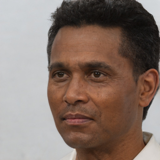 Neutral black adult male with short  black hair and brown eyes