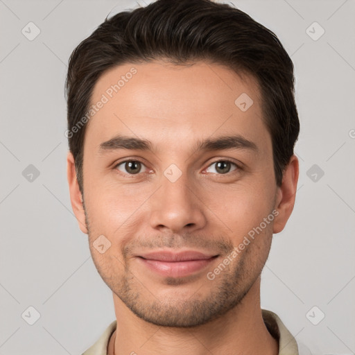 Joyful white young-adult male with short  brown hair and brown eyes