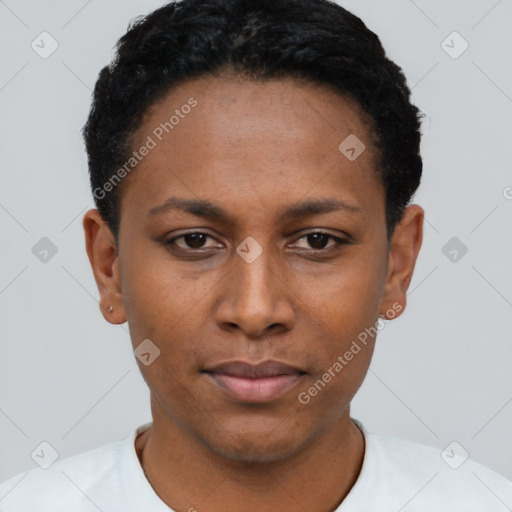 Neutral latino young-adult female with short  black hair and brown eyes