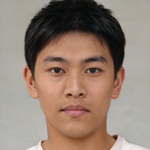 Neutral asian young-adult male with short  brown hair and brown eyes