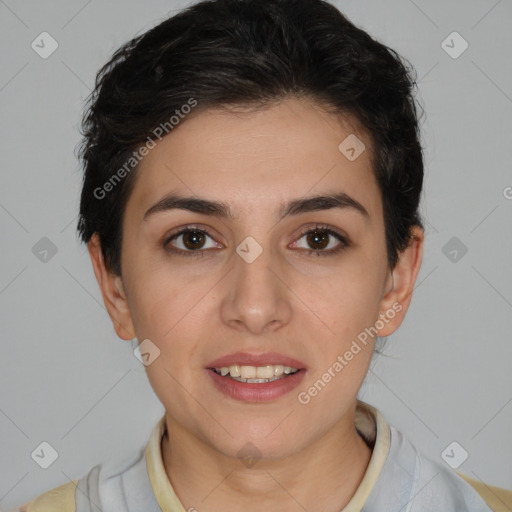 Joyful white young-adult female with short  brown hair and brown eyes