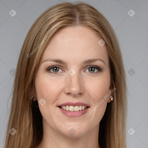 Joyful white young-adult female with long  brown hair and grey eyes