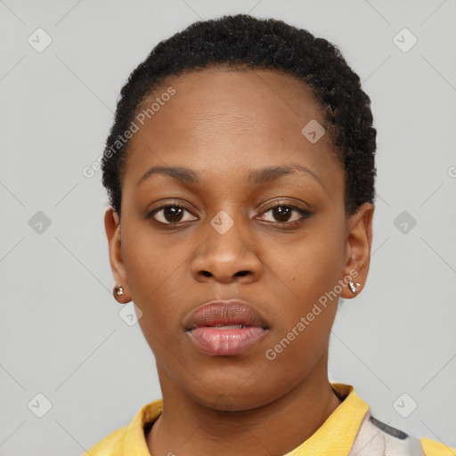 Neutral black young-adult female with short  brown hair and brown eyes