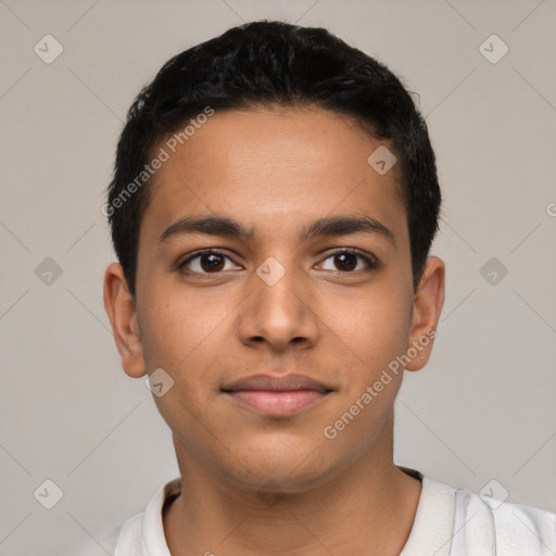 Neutral latino young-adult male with short  brown hair and brown eyes