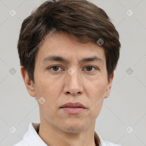 Neutral white young-adult male with short  brown hair and brown eyes