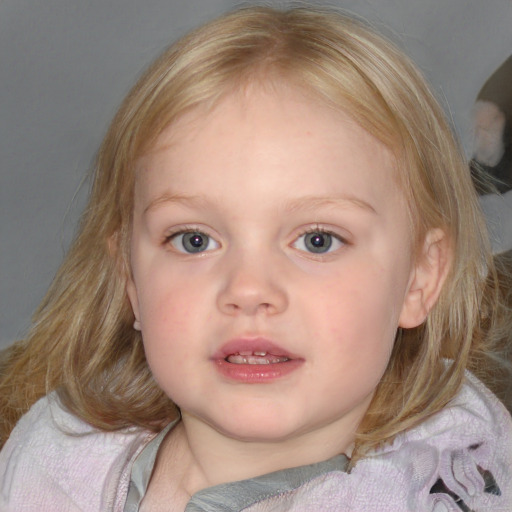 Neutral white child female with medium  brown hair and blue eyes