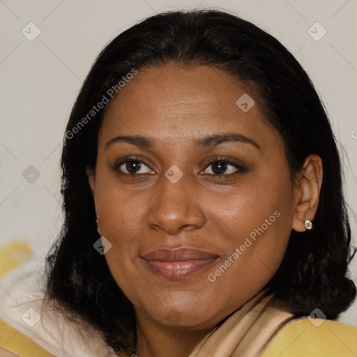 Joyful black adult female with medium  brown hair and brown eyes