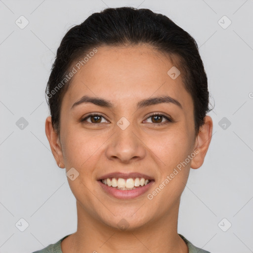 Joyful white young-adult female with short  brown hair and brown eyes