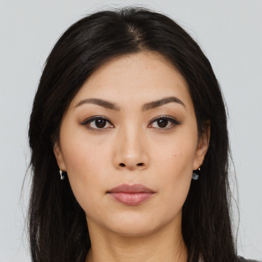 Neutral asian young-adult female with long  black hair and brown eyes