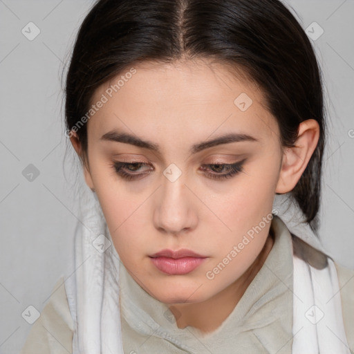 Neutral white young-adult female with medium  brown hair and brown eyes