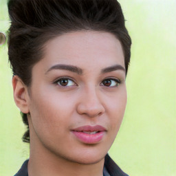 Neutral white young-adult female with short  brown hair and brown eyes