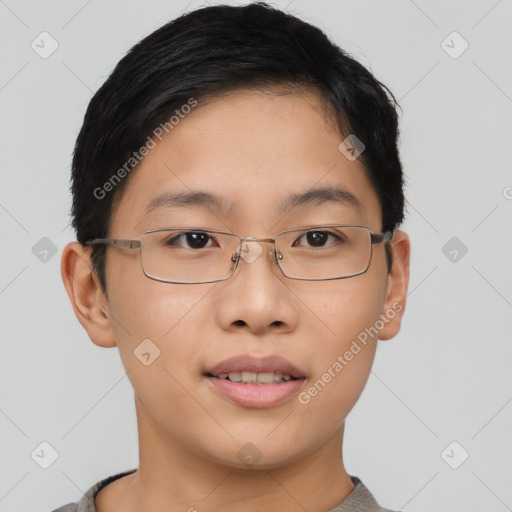 Joyful asian young-adult female with short  brown hair and brown eyes