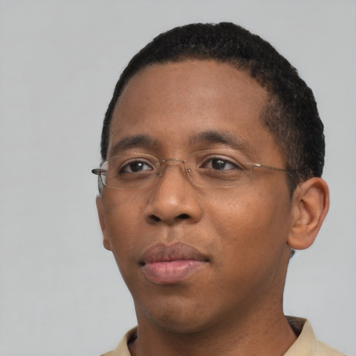 Neutral black young-adult male with short  black hair and brown eyes