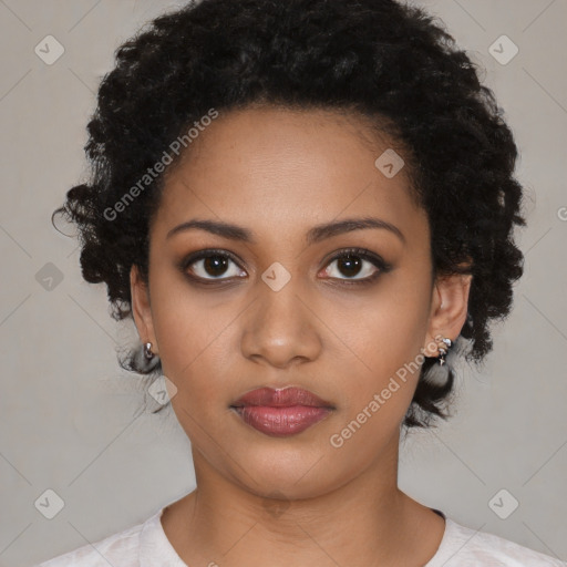 Joyful black young-adult female with medium  black hair and brown eyes