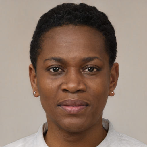 Joyful black young-adult female with short  black hair and brown eyes