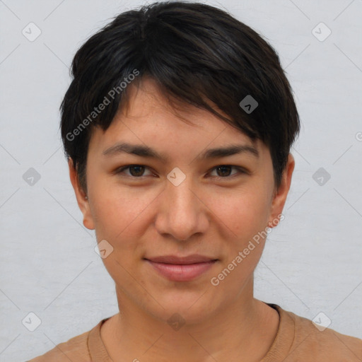 Joyful white young-adult female with short  brown hair and brown eyes