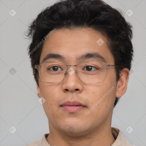 Neutral asian young-adult male with short  brown hair and brown eyes