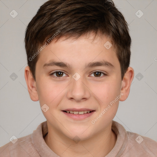 Joyful white child male with short  brown hair and brown eyes