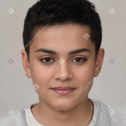 Joyful latino young-adult female with short  brown hair and brown eyes