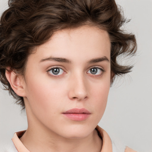 Neutral white young-adult female with medium  brown hair and brown eyes