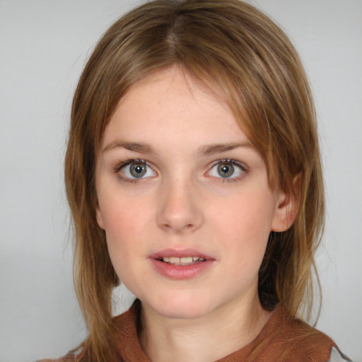 Neutral white young-adult female with medium  brown hair and blue eyes