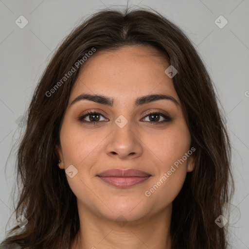 Joyful white young-adult female with long  brown hair and brown eyes