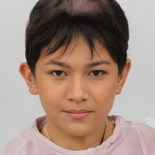Joyful asian child female with short  brown hair and brown eyes