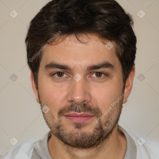 Neutral white young-adult male with short  brown hair and brown eyes