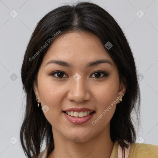 Joyful white young-adult female with medium  brown hair and brown eyes