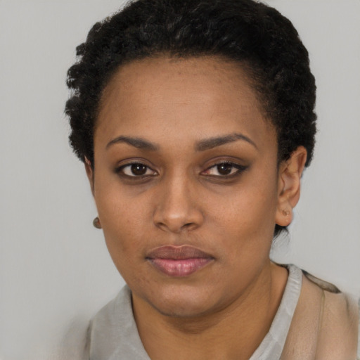 Neutral black young-adult female with short  black hair and brown eyes
