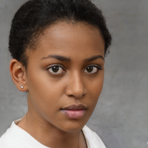Neutral black young-adult female with short  brown hair and brown eyes