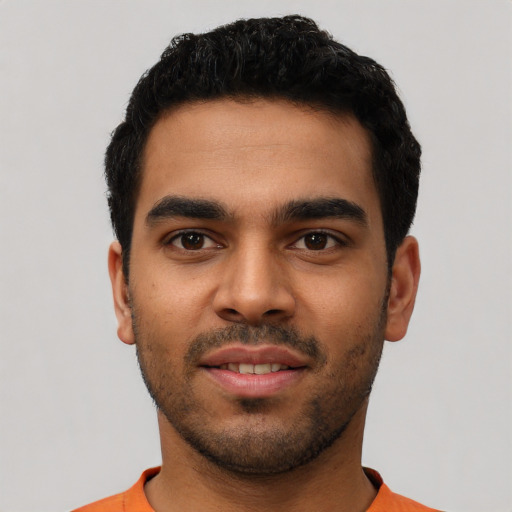 Neutral latino young-adult male with short  black hair and brown eyes