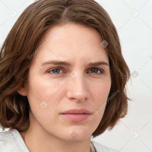 Neutral white young-adult female with medium  brown hair and blue eyes