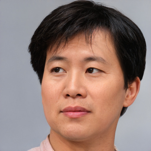 Joyful asian adult male with short  brown hair and brown eyes