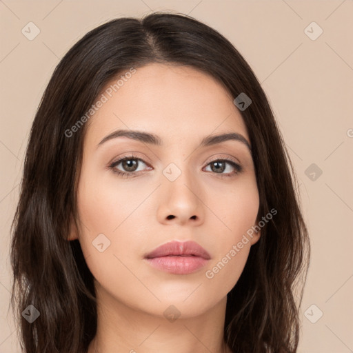 Neutral white young-adult female with long  brown hair and brown eyes