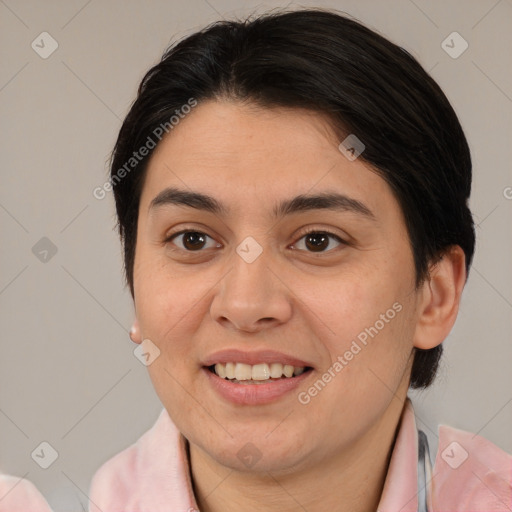 Joyful white young-adult female with medium  brown hair and brown eyes