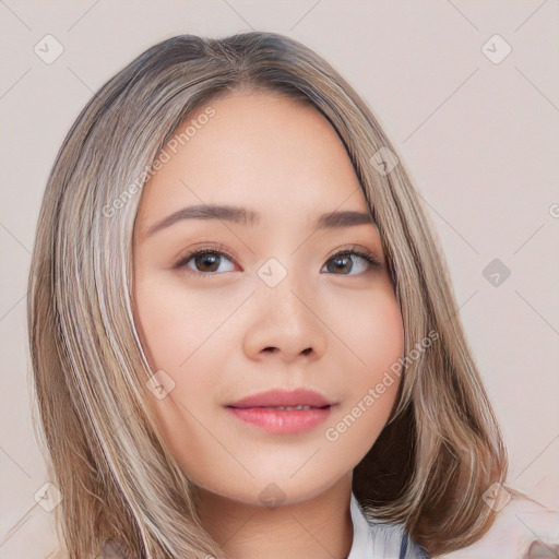 Neutral white young-adult female with medium  brown hair and brown eyes